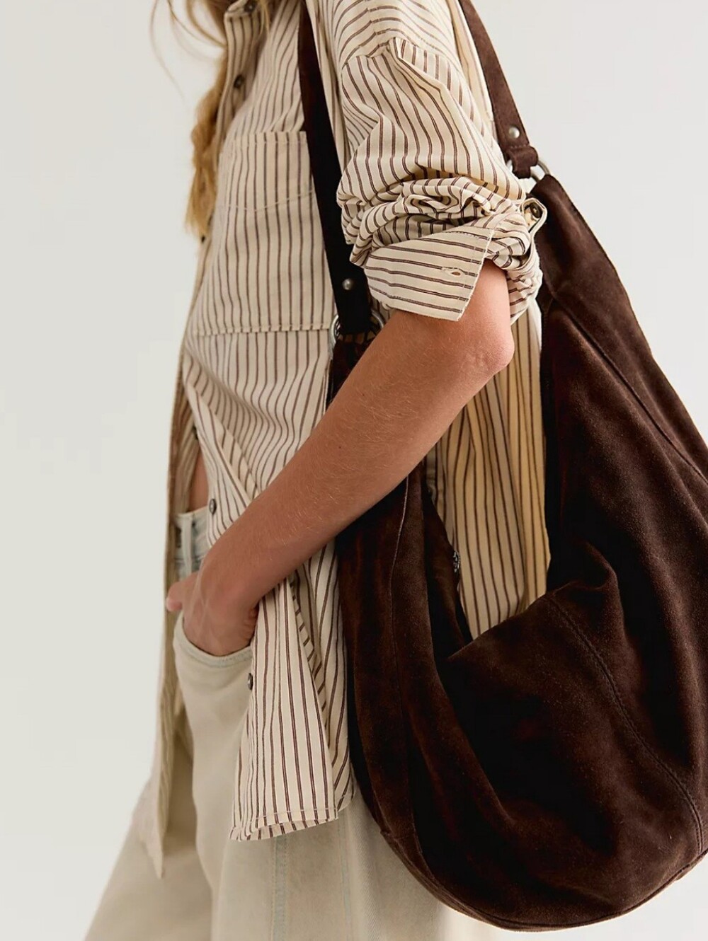 Free People Roma Boho Shourder Suede Leather Bag.  Chocolate Color - Picture 4 of 7
